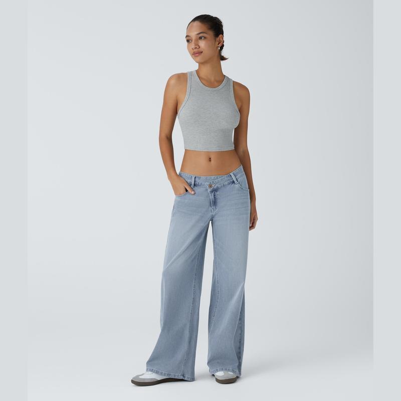 Asymmetric Wide Leg Zipper Pocket Jeans