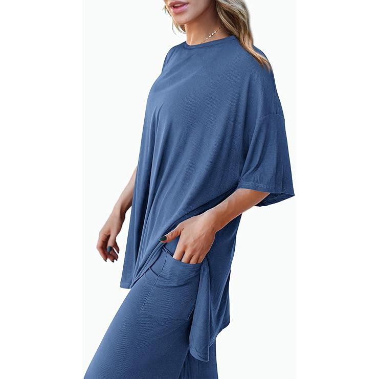 Women’s 2-Piece Lounge Set – Short Sleeve Top & Wide Leg Pants